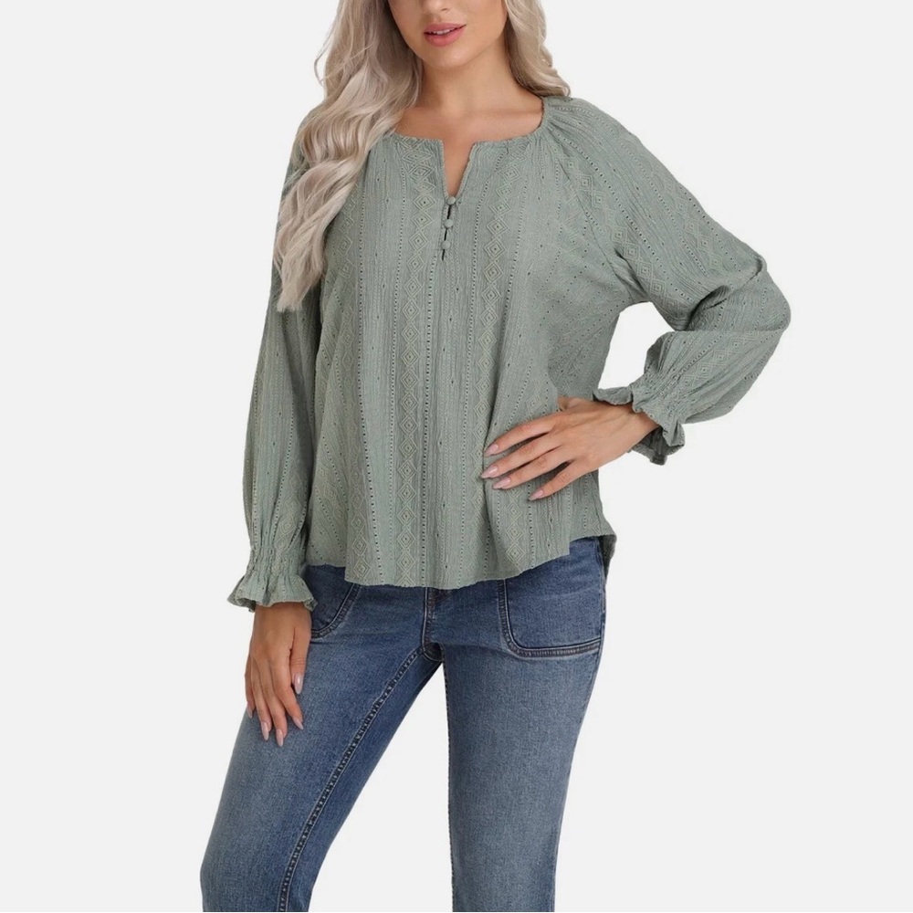 Frye Embroidered Boho Blouse Smocked Cuff Split Neck Green Long Sleeve S NWT